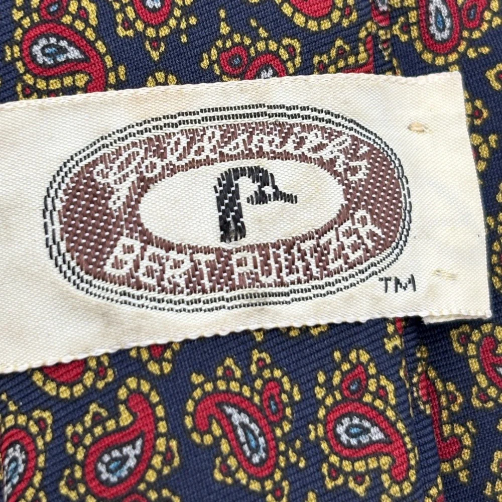 Vintage 1970s-80s Bert Pulitzer Paisley Necktie Navy Red Hand Printed England